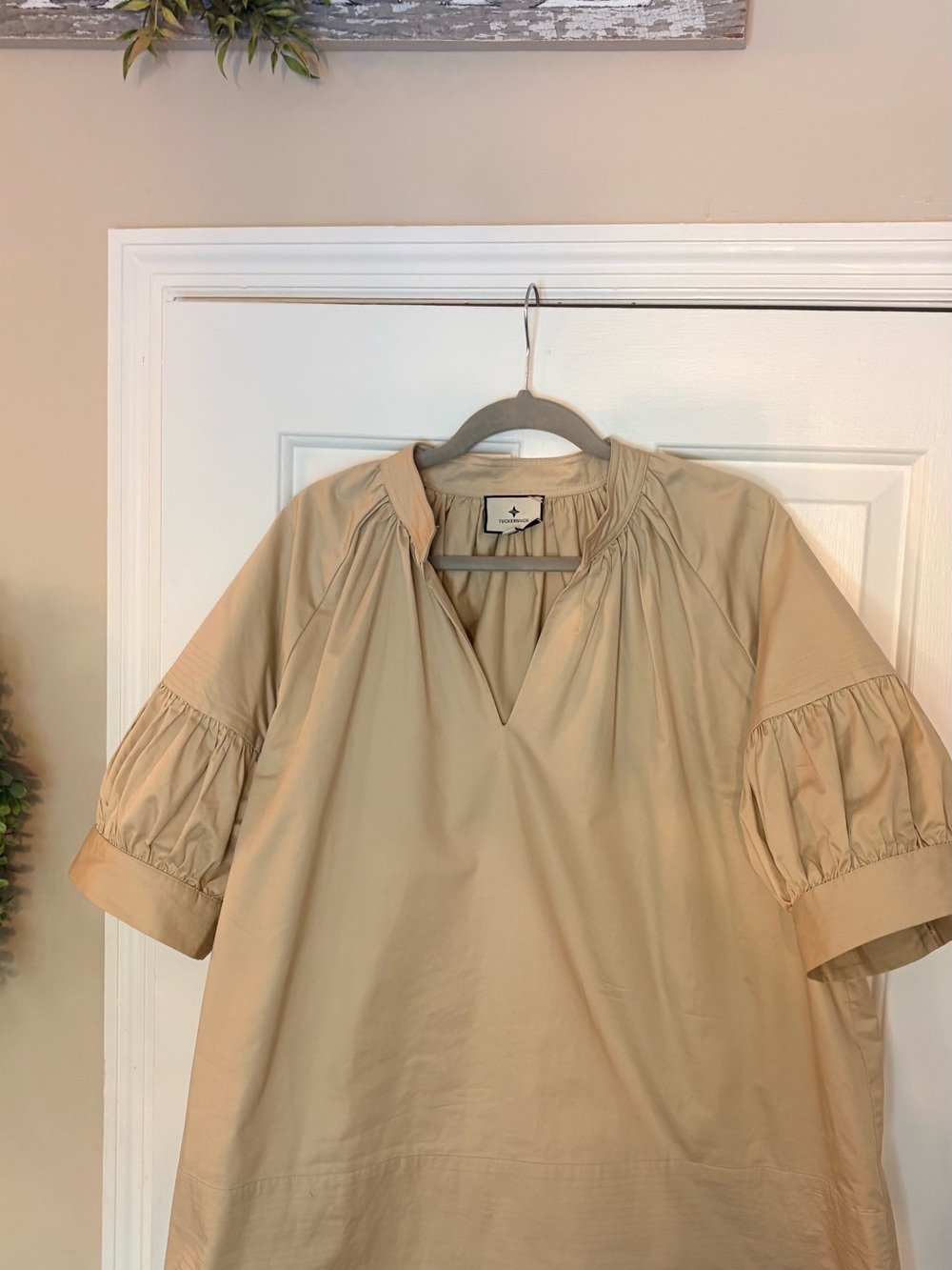 Tuckernuck Beige Peasant Tunic with Puff Sleeves